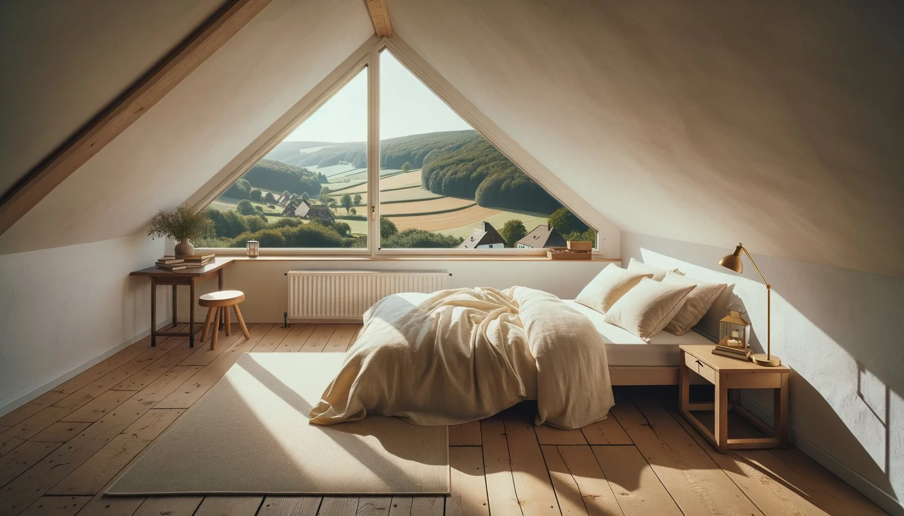 Schlafzimmer — ruhiger Rückzugsort mit Panoramablick auf Wiesen und Waldrand